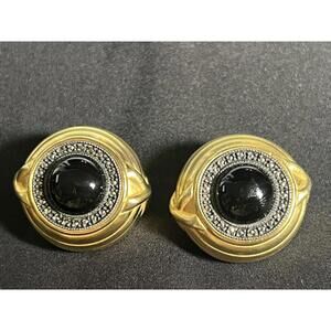 Judith Jack Clip On Round Earrings Gold Washed Sterling Silver Marcasite & Onyx